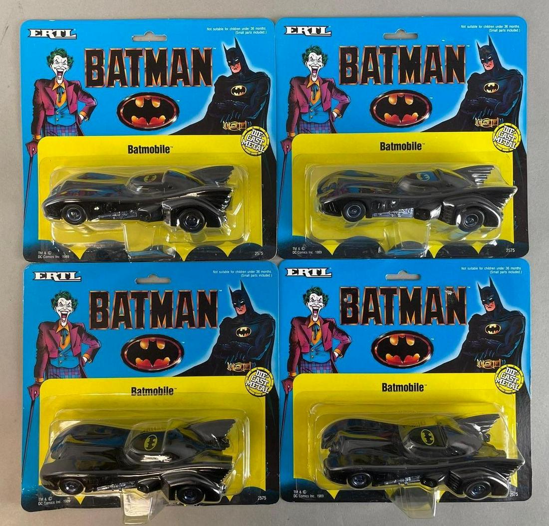 Group of 4 Ertl Batman Batmobile Diecast Metal Vehicles: 1989 original packaging, measures 7 1/2 x 8 inches
