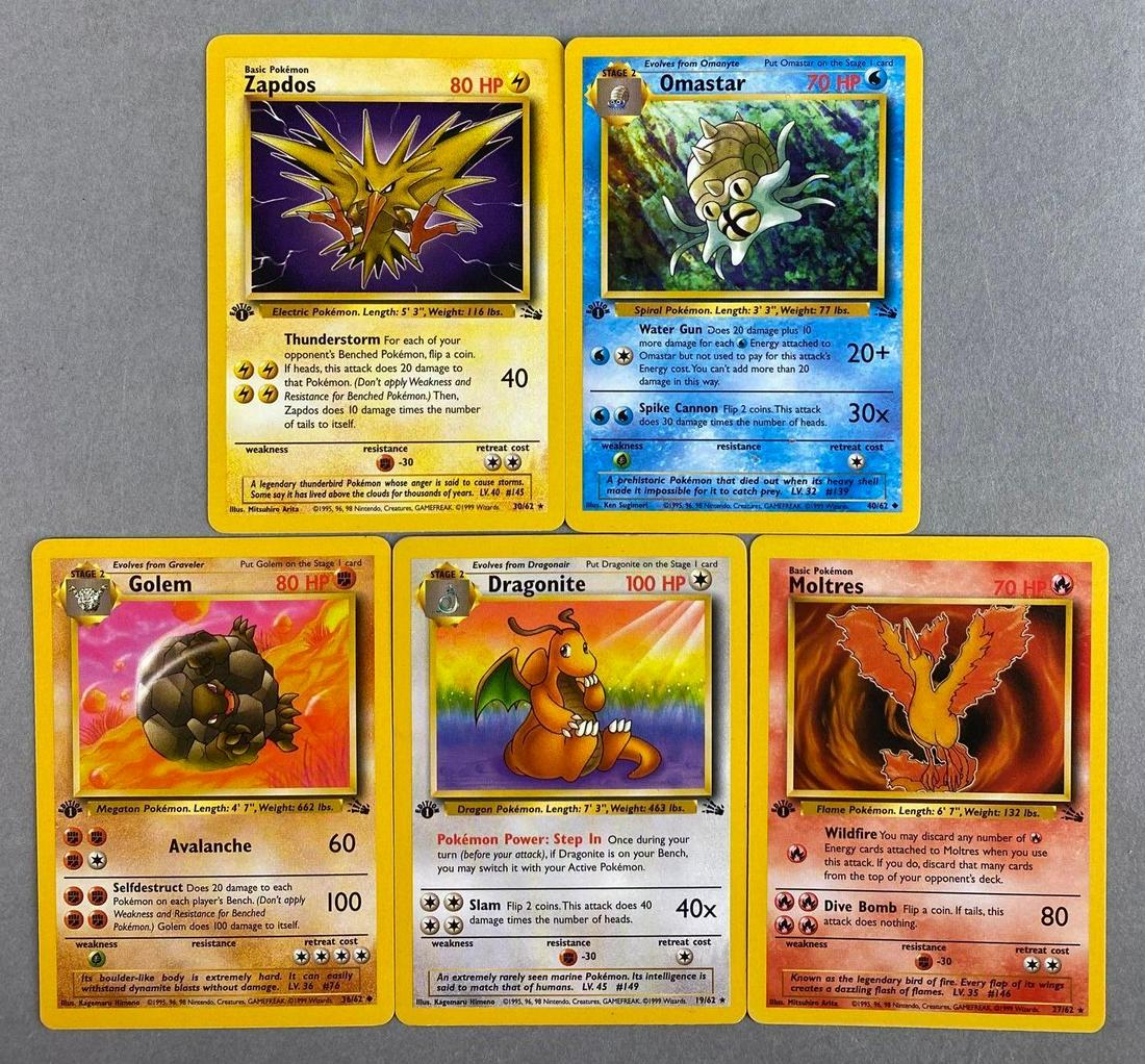 Group of 5 1999 Pokemon Fossil Cards: Includes 30/62 Zapdos, 40/62 Omastar, 36/62 Golem, 19/62 Dragonite, and 27/62 Moltres