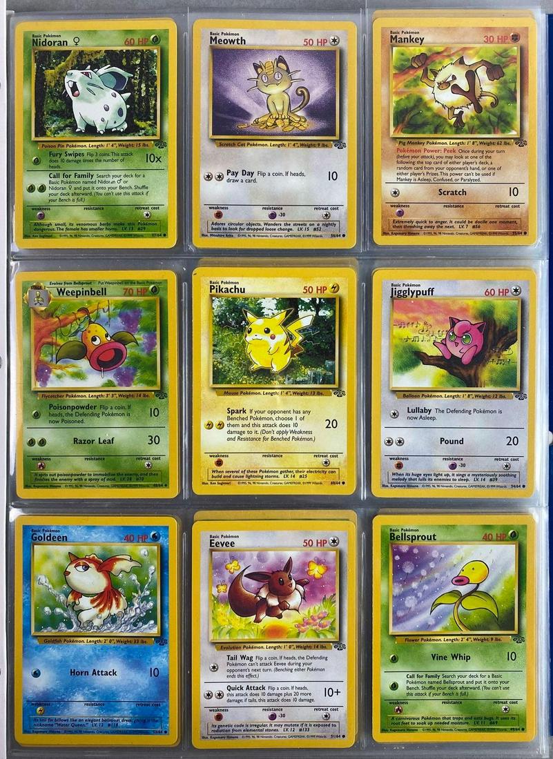 Folder of 130+ 1999 Pokemon Cards: Includes 42/64 Jungle Persian, 55/64 Jungle Mankey, 53/64 Jungle Goldeen, 42/62 Fossil Seadra, 49/62 Fossil Horsea, 58/64 Jungle Oddish, and more