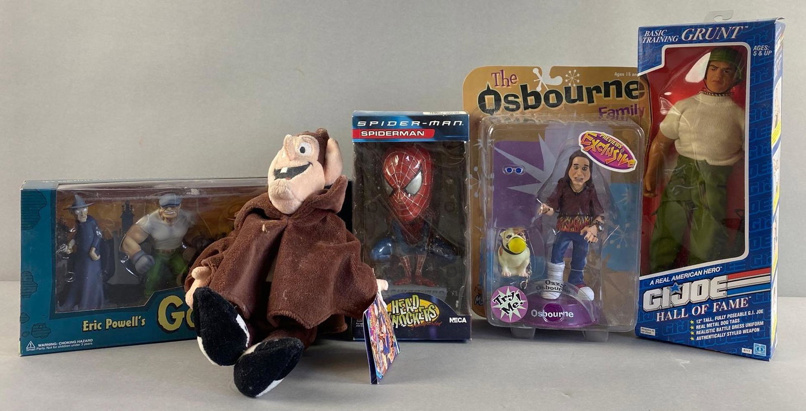 Group of 5 Assorted Action Figures and Plush: Includes Count Chocula, Spider-Man Head Shockers, The Osborne Family Ozzy, and more. Largest measures 13 x 5 x 2 inches