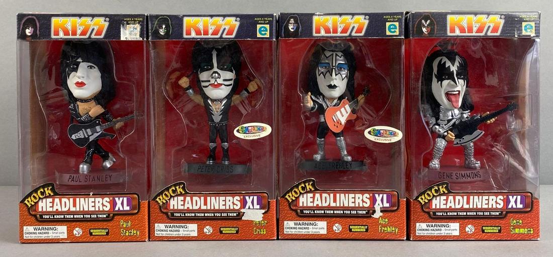Group of 4 Limited Edition KISS Rock Headliners XL: Includes Gene Simmons, Ace Frehley, Peter Criss, and Paul Stanley. Packaging measures 10 x 5 1/2 x 3 1/2 inches. All have COAs.