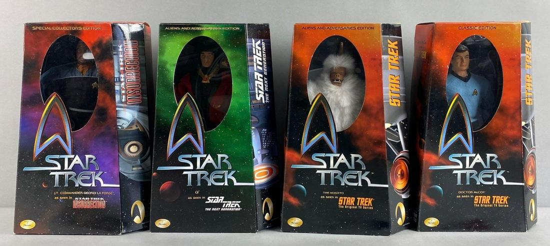 Group of 4 Playmates Star Trek Action Figures: Includes The Mugato, Doctor McCoy, Q, and Lt. Commander Geordi La Forge. Packaging measures 13 1/2 x 8 1/2 x 4 inches
