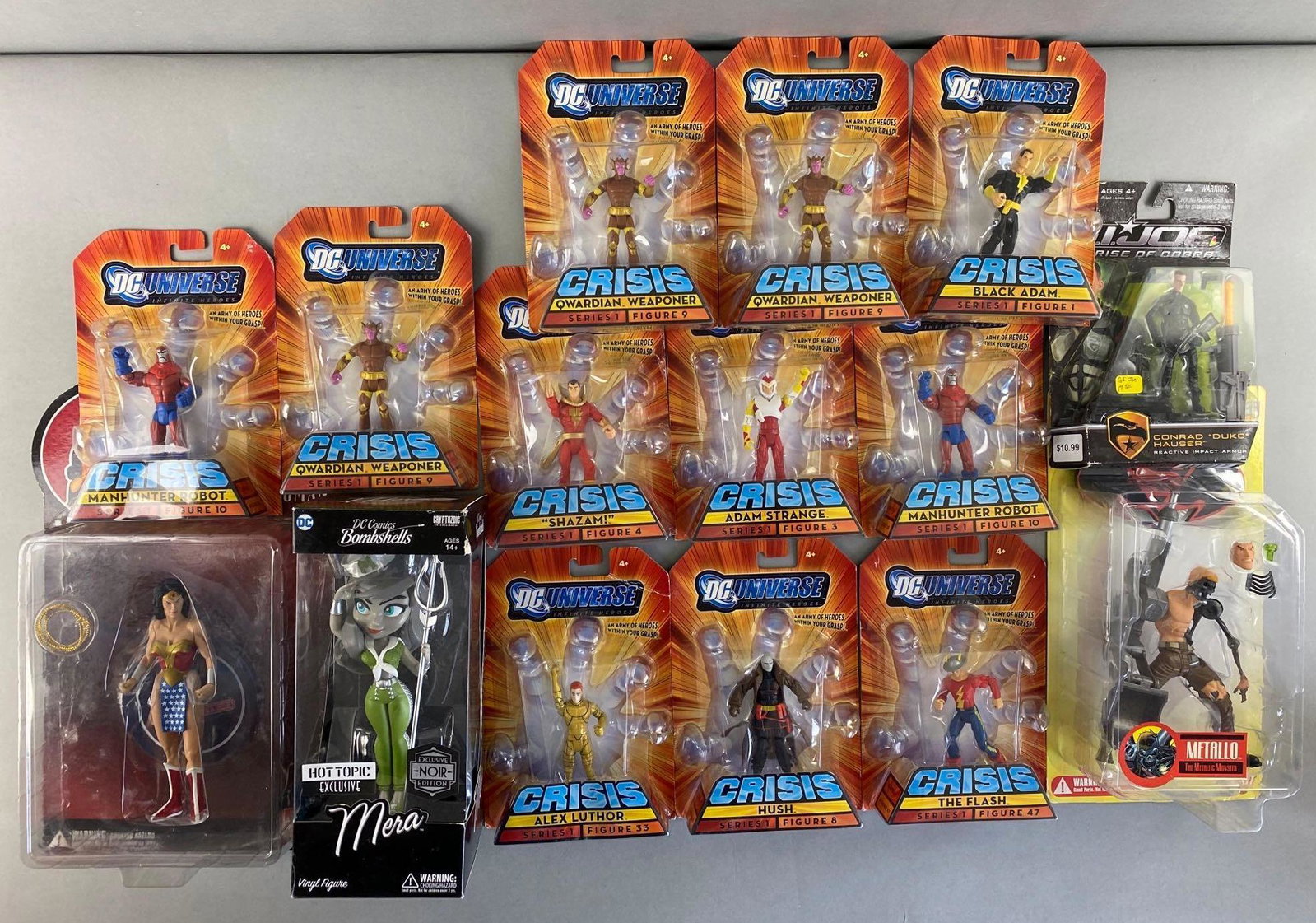 Group of 15 Assorted DC Action Figures: Includes Wonder Woman, Mera Bombshells, Crisis Alex Luthor, and more. Largest packaging measures 12 x 8 inches