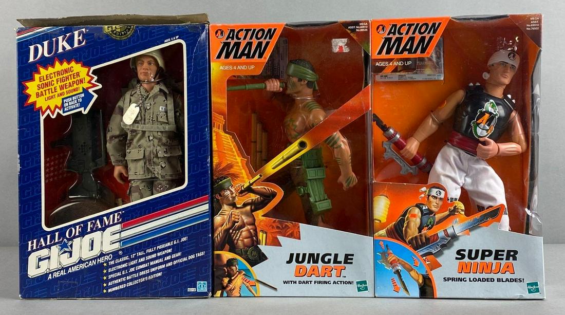 Group of 3 GI Joe and Action Man Action Figures: Includes Super Ninja, Jungle Dart, and Duke. 13 x 9 x 2 inches