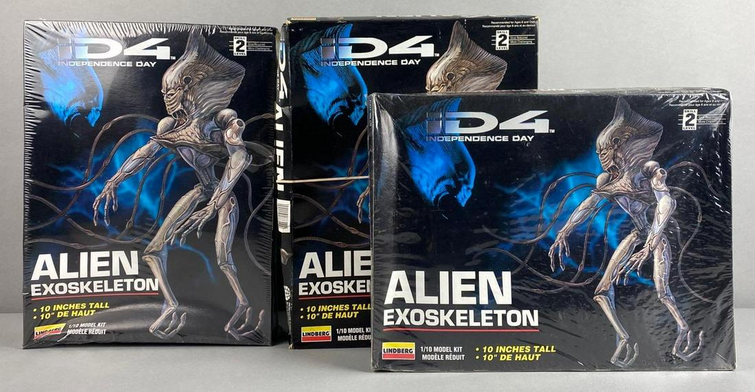 Group of 3 ID4 Independence Day Alien Exoskeleton: Lindberg, 1/10 model kit, two are sealed.