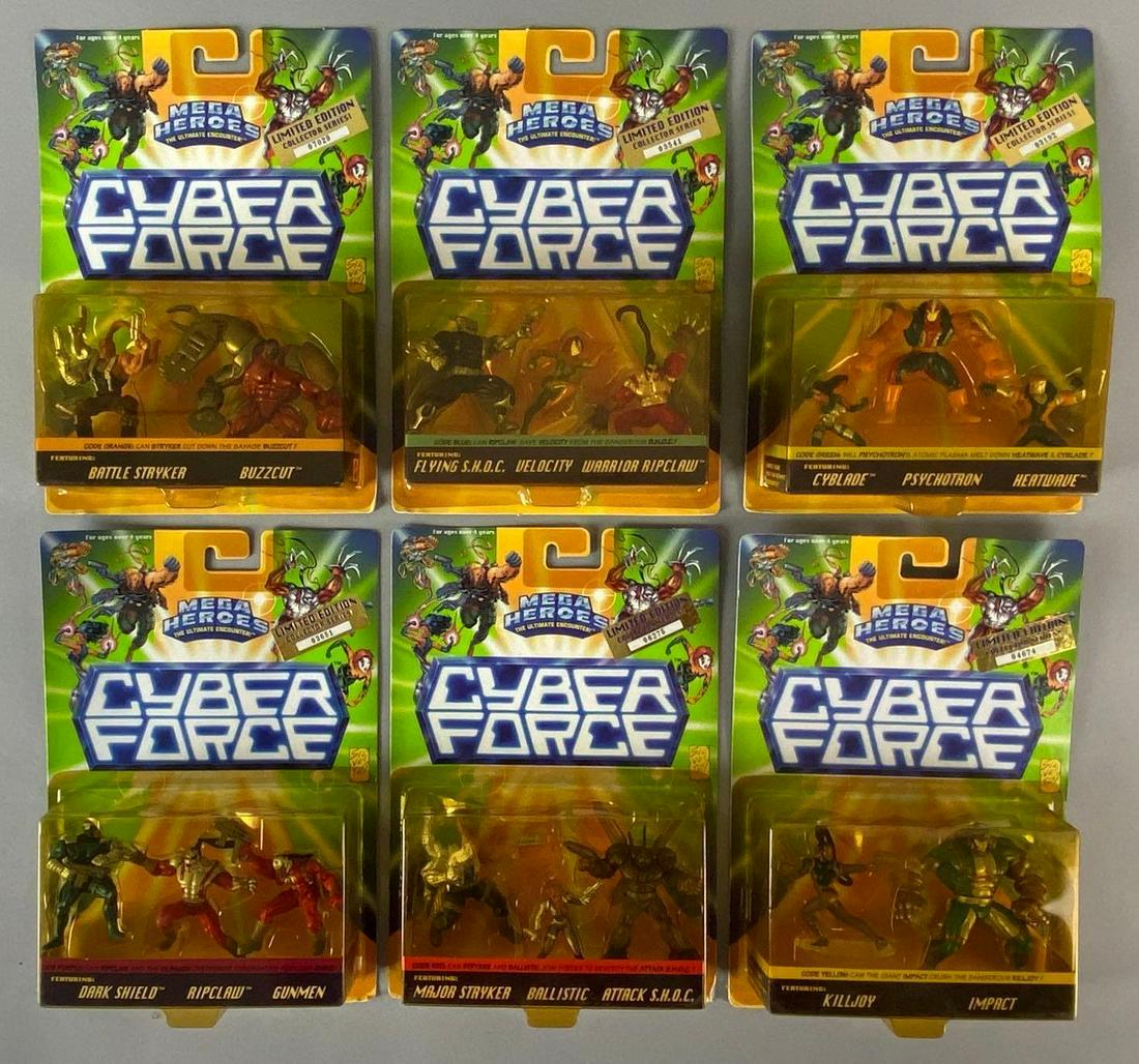 Group of 6 Mattel Cyber Force Mega Heroes Action Figures: 1995, Limited Edition Collectors Series, Includes Buzzcut, Cyclades, Killjoy, and more, In original packaging, Packaging measures of 10 x 7 x 1 3/4in.