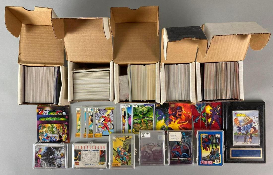 Large Group of Superhero Trading Cards and More: 1990s, Includes Marvel, DC Comics, Beavis and Butt-Head Plaque, and more, Largest measures 6 1/2 x 4 1/2 x 1in.