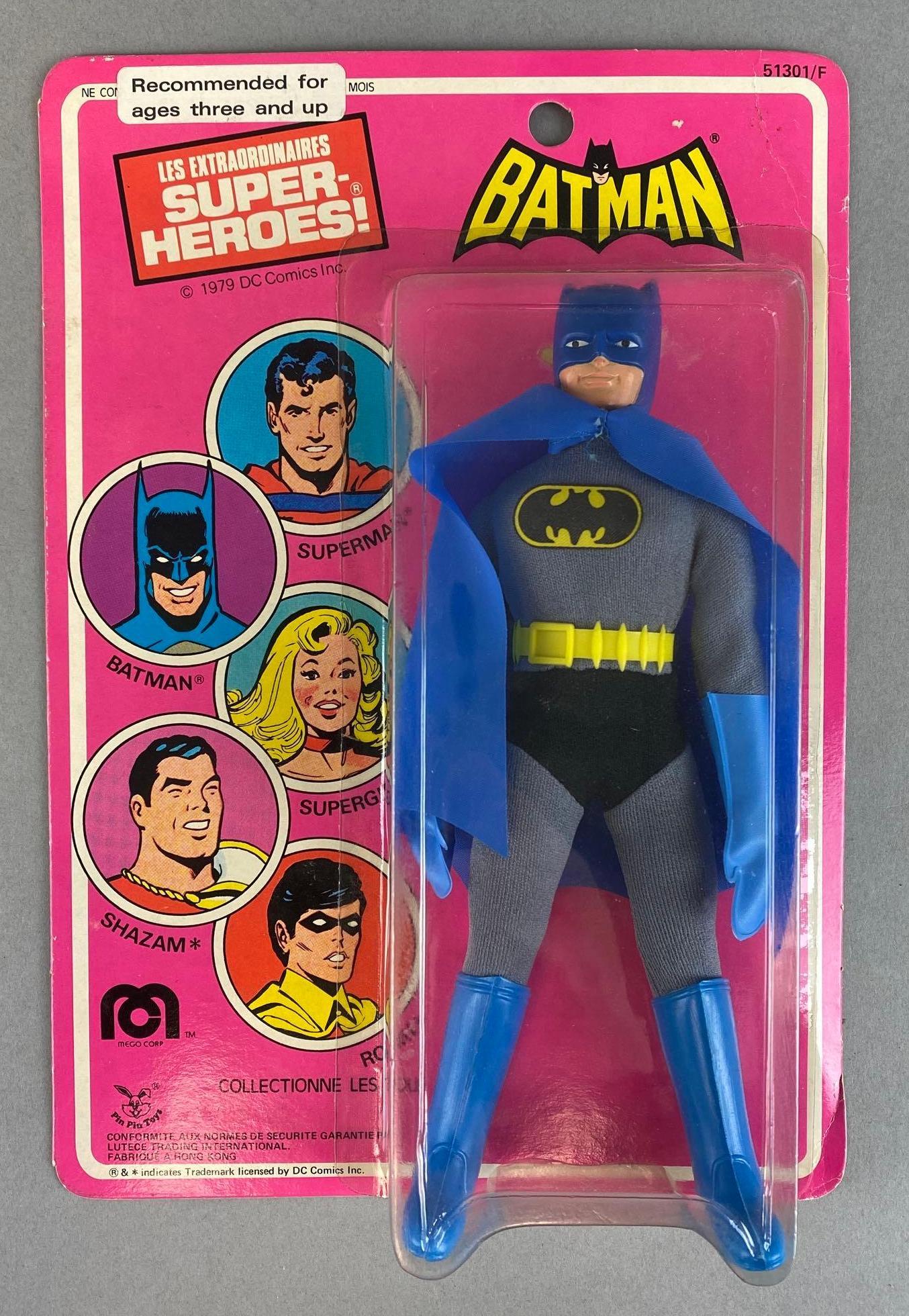 DC Mego Corp. French Batman Action Figure: 1979. Pin Pin Toys. 8in Figure. In original packaging. Packaging measures 10 x 7 x 1 1/2in. Includes Plexiglass Display Case