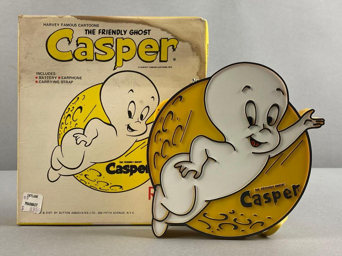 Vintage Harvey Famous Cartoons Casper The Friendly Ghost Transistor Solid State Radio: 1972, original box, box has some water damage. Hong Kong. Untested. Radio measures 7 x 7 x 1 1/4 inches