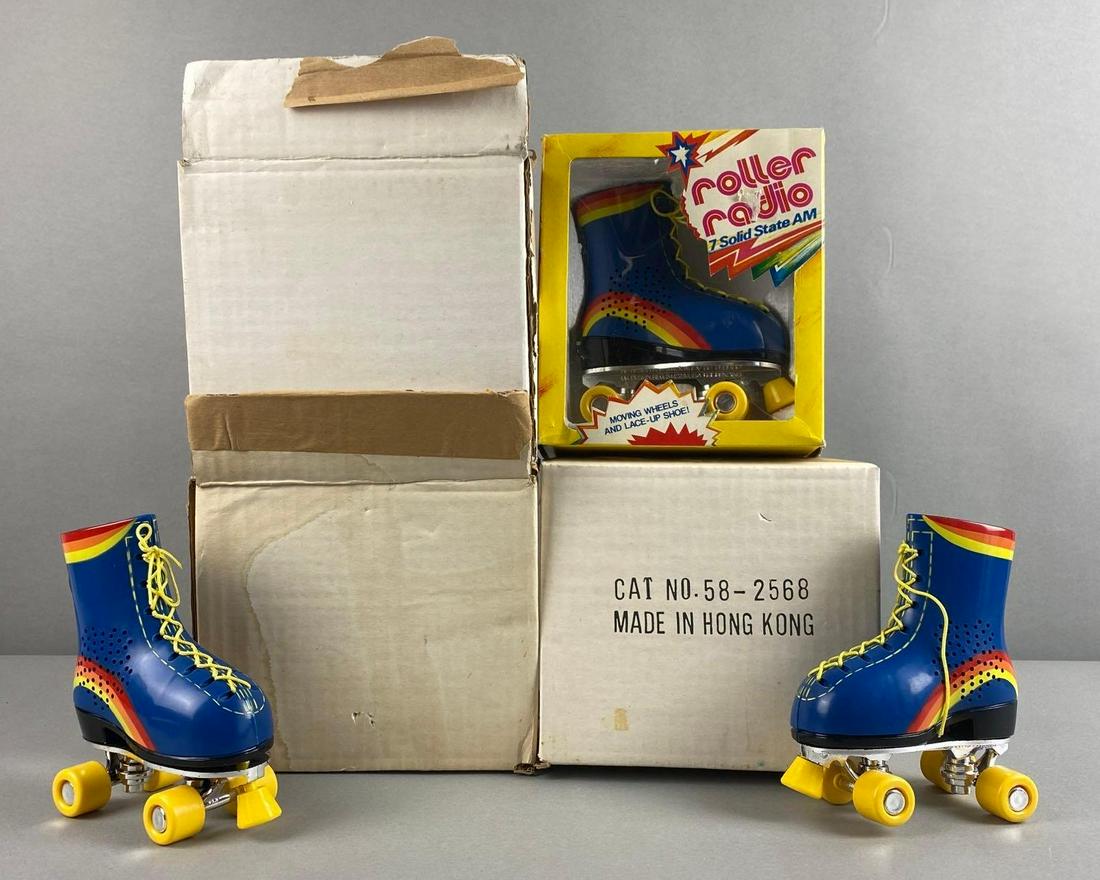 Group of 4 Roller Radio 7 Solid State AM Radios: Two are sealed, one has original box, the rest have original shipping boxes. Untested. Measures 6 1/2 x 5 1/2 x 2 3/4 inches