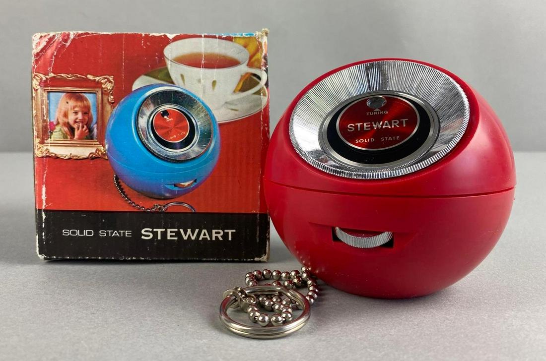 Stewart Solid State AM Radio: Untested. Color Red. Original box. Radio measures 3 1/4 x 4 inches.