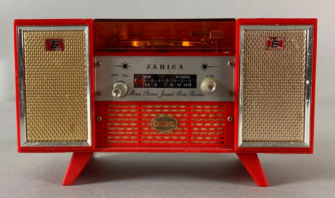 Janica 6 Transistor Record Player Radio Jewel Box: Model No. SRB-12, Battery pack broken, Measures 4 1/4 x 7 1/2 x 3 1/2in.