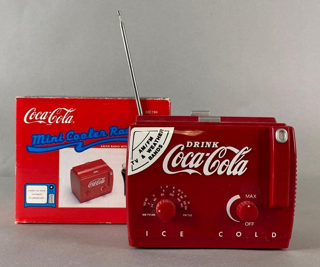 Coca-Cola Mini Cooler AM/FM Radio: With original box, with TV-1 and TV-2 bands, Untested, Box measures 5 1/2 x 7 x 5in.