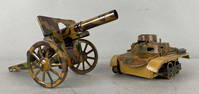 Group of 2 Vintage Tin Litho Toy Tank and Cannon