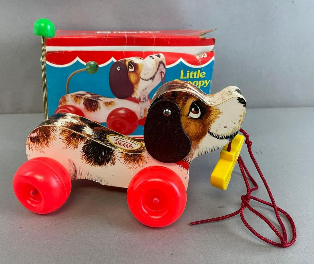 Vintage Fisher Price Little Snoopy Pull Toy: Includes original box, working condition, measures 7 1/2 x 4 3/4 x 6 1/2 inches