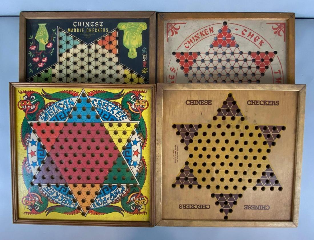 Group of 4 Wood Chinese Checkers Boards: All with different designers, Largest board measures 16 3/4 x 16 3/4 x 1/2in.