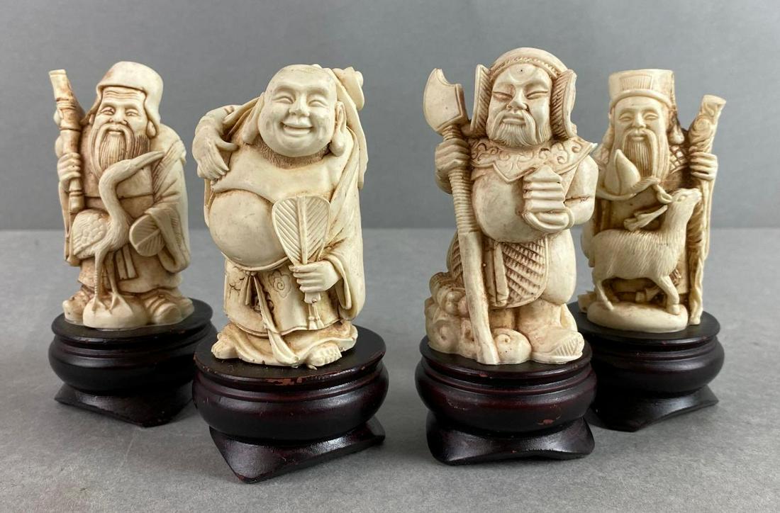 Set of 4 Arnart Asian God Figurines: 2 loose bases, largest measures 4 1/4 X 2 inches