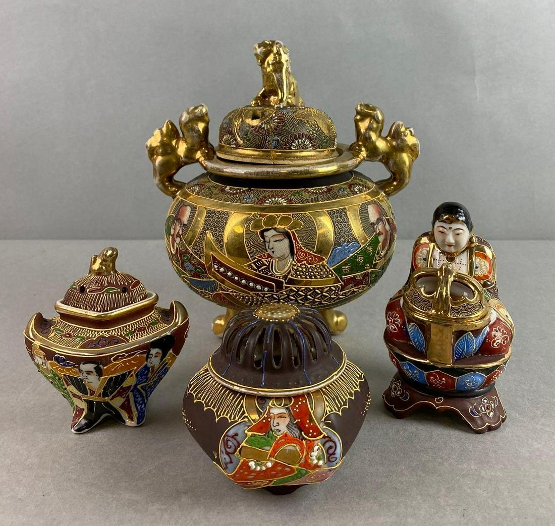 Group of 4 Japanese Satsuma Enameled Incense Burners: Bottoms marked, crazing, cracks, largest lid has been repaired, largest measures