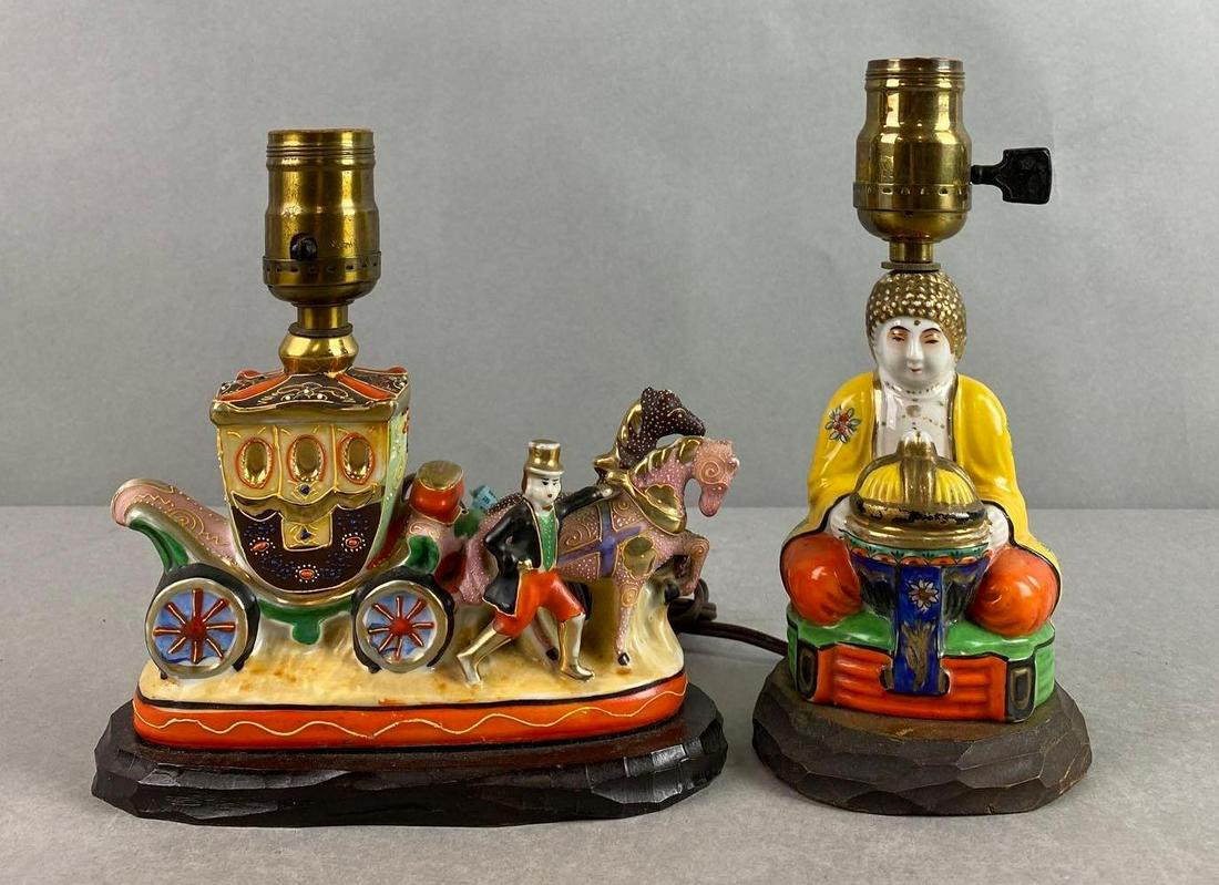 Group of 2 Japanese Porcelain Lamps: Unknown working condition, 1 cord ripped off, bottoms marked, largest measures 7 1/2 X 7 1/2 X 3 1/4 inches
