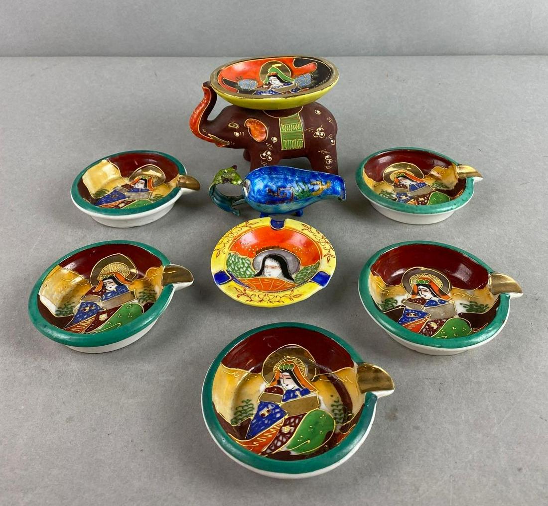 Group of 8 Porcelain Japanese Dishes: Includes trinket dish, ashtrays, and more. Bottoms marked, largest measures 3 1/4 X 4 1/2 X 3 inches