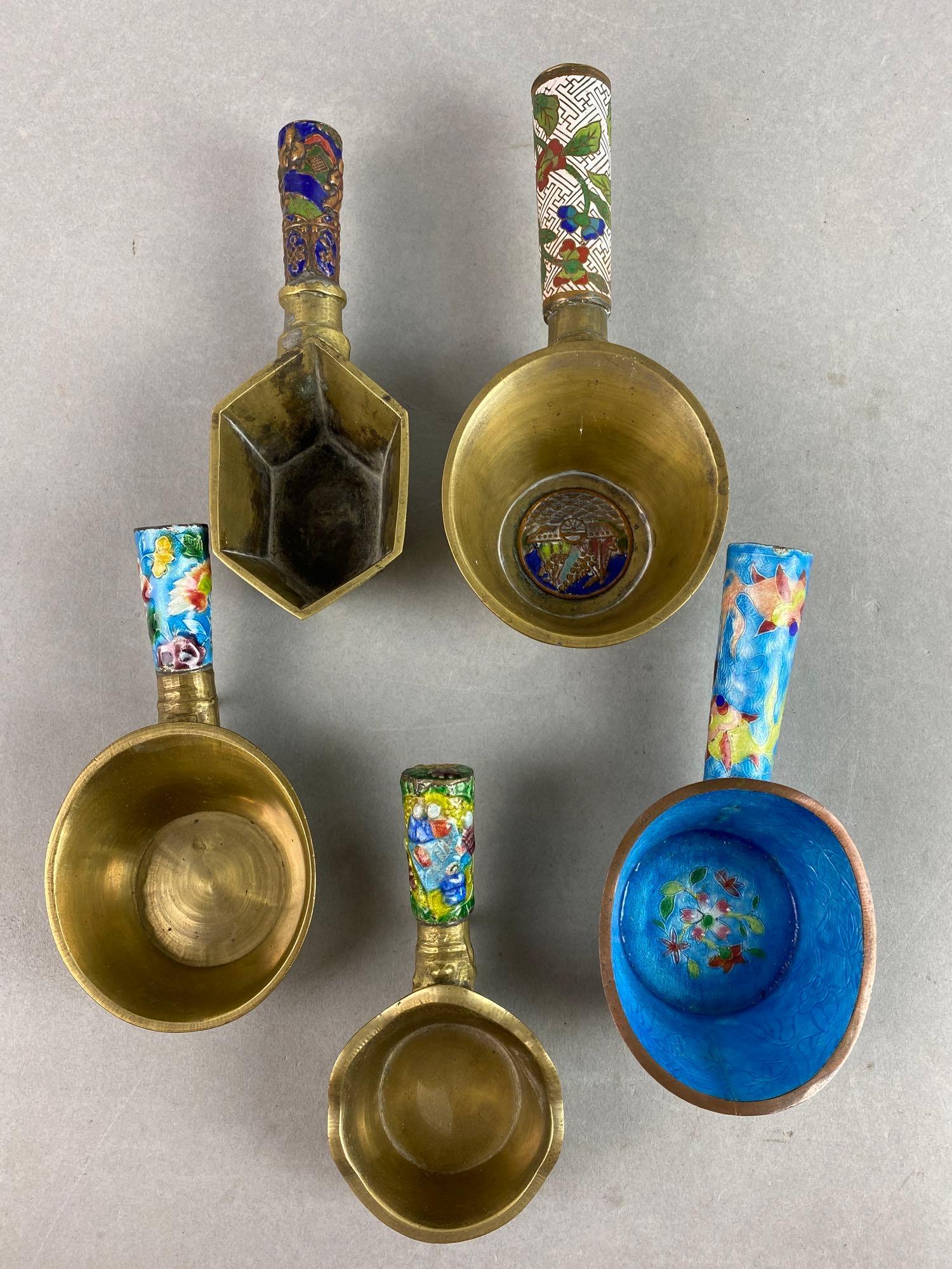 Group of 5 Chinese Brass and Porcelain Enamel Incense Holders: Bottoms marked, largest measures 7 X 3 1/4 X 1 3/4 inches