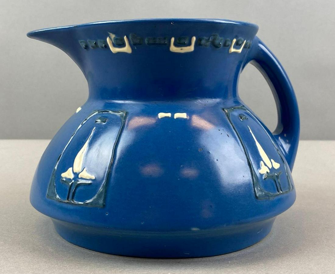 Unmarked Roseville Blue Aztec Art and Craft Pottery Pitcher (1 of 5)