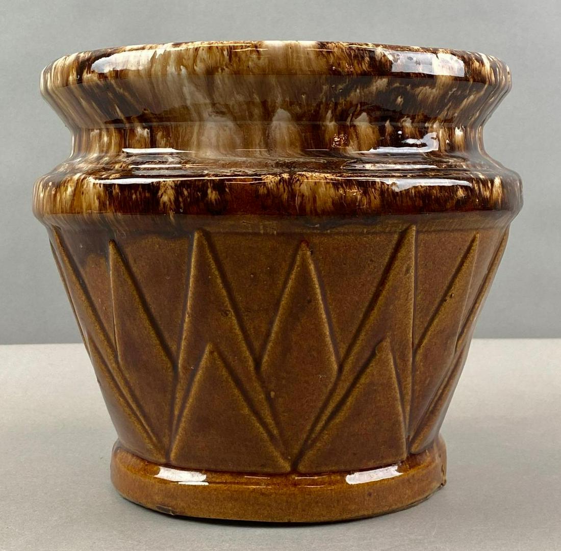 Brown Glaze Pottery Jardiniere Planter: No makers mark. 8 x 8 x 8 inches