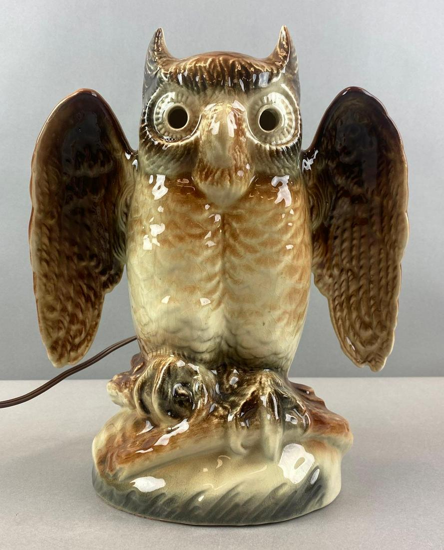 Texans Inc Owl Porcelain TV Lamp: working condition, makers mark on back. Crazing throughout. 11 1/2 x 9 x 5 inches. Bangs, Texas