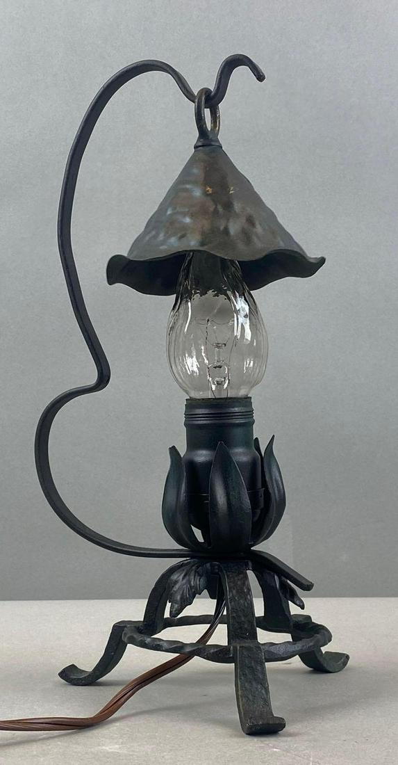 Gothic Metal Table Lamp: Has been painted black, working condition. 12 x 6 1/2 x 5 1/2 inches