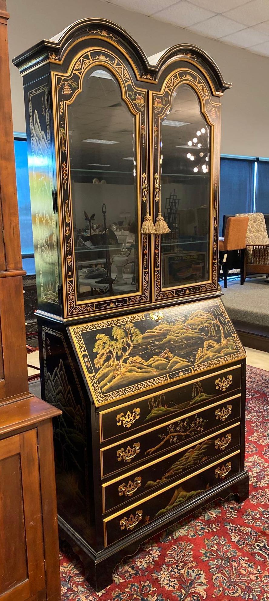 Black and Gold Asian Painted Secretary Desk: NO AVAILABLE SHIPPING. Hand painted detailing, With key, Lights mounted to inside of shelving section, Untested, Measures 80 x 34 x 16in.