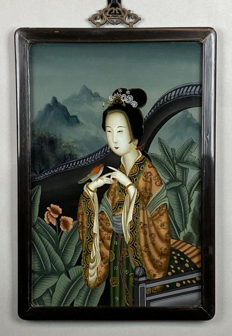 Asian Woman Delicate Reverse Painted Glass Artwork (1 of 2)