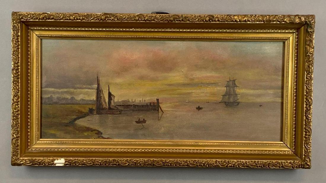 C 1900 Ships by the Dock Oil Painting on Board (1 of 3)