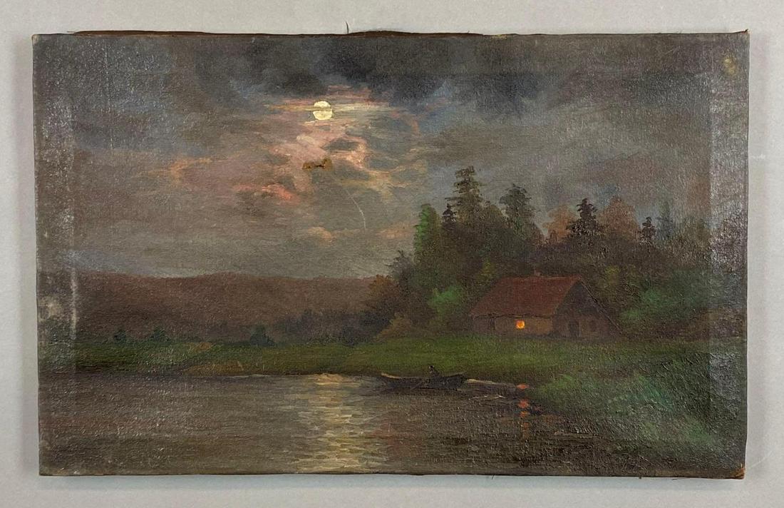 Nighttime Cabin on Lake Oil Painting on Canvas: Unknown artist, Tear underneath moon, Attempted repair on back, Canvas measures 10 x 16in.