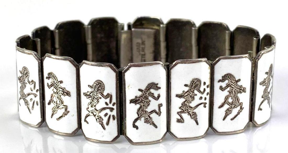 Sterling Silver Thailand Niello Dancers Scroll Panel Link Bracelet (1 of 5)