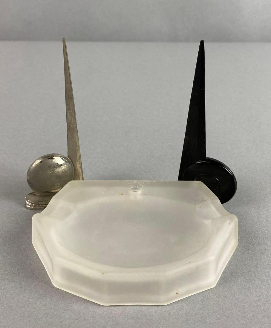 New York Worlds Fair Frosted Glass Ashtray with Trylon and Perisphere: 1939, condition consistent with age, ashtray measures 4 1/4 X 3 X 3/4 inches