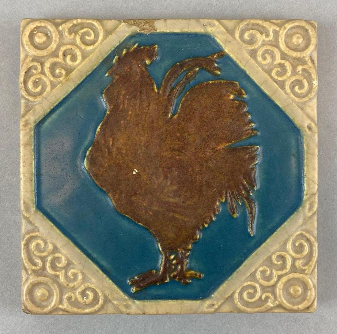 Arts and Crafts Rooster Ceramic Tile: Slight crazing. Marked on back, 6 x 6 x 1/2 inches