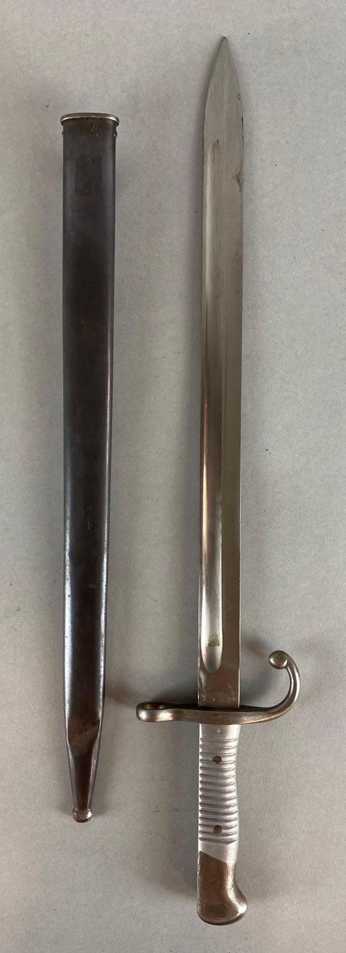 Weyersberg Kirschbauer and Co. Bayonet: With metal sheath, P1225, Dent in sheath prevents blade from going in all the way, Measures 20 1/2in, Blade measures 15 3/4in.