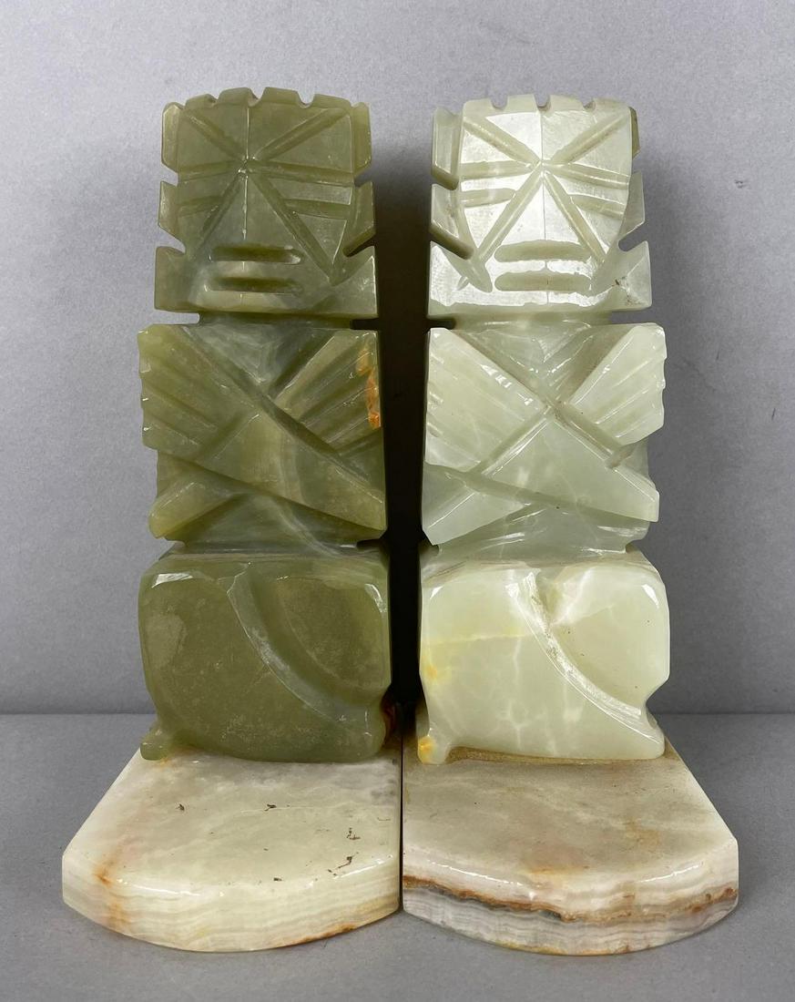 Group of 2 Vintage Carved Jade-Like Tiki Bookends: Each measure 8 x 3 x 4 1/4 inches