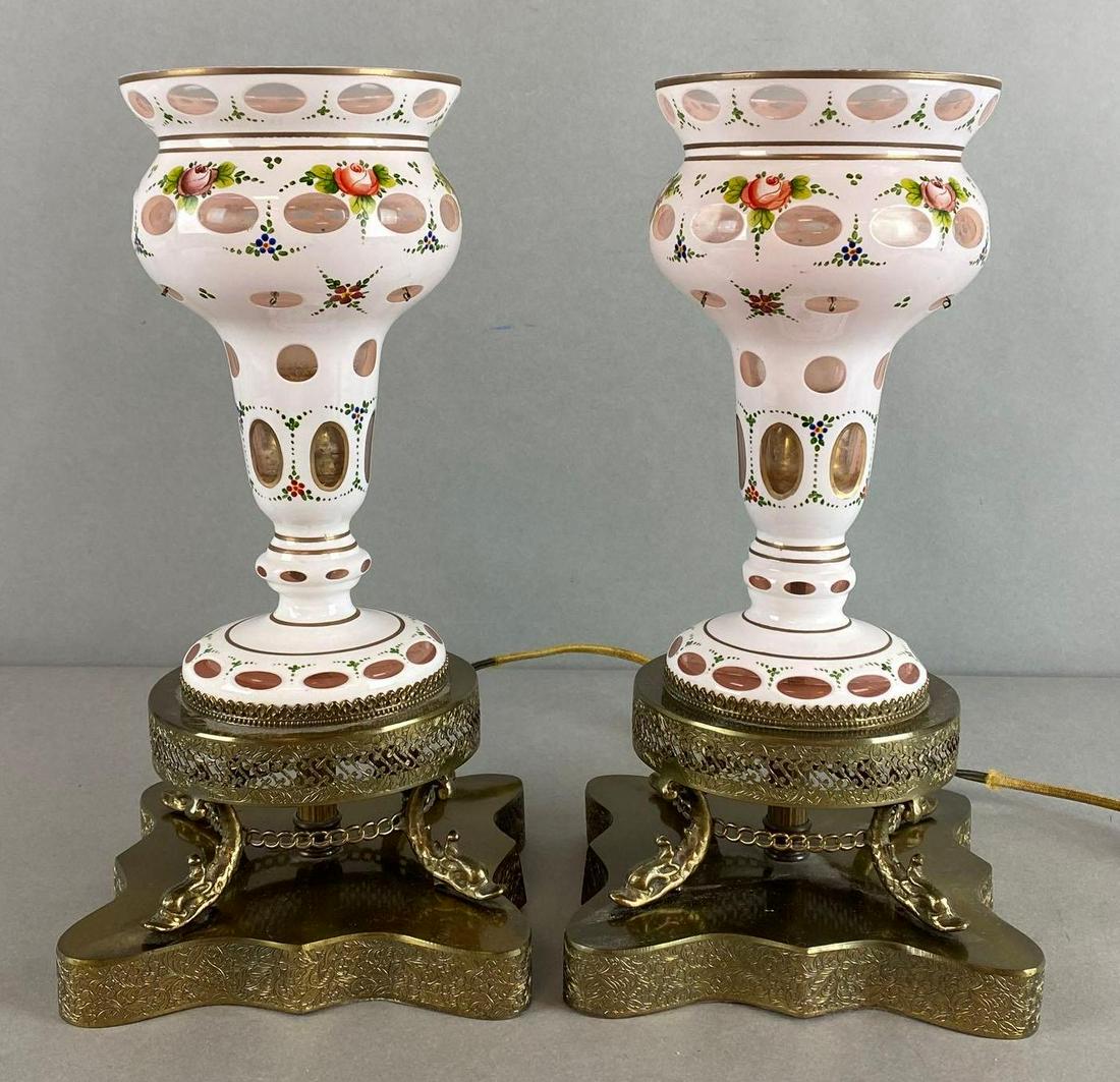 Group of 2 Cut to Pink Floral Painted Glass Lamps: With brass bases, Short electric cords, Untested, Both measure 12 3/4 x 6 1/2 x 6 1/2in.