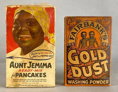 Group of 2 Vintage Household Items Advertising Boxes: Includes Aunt Jemima Pancakes, and Fairbanks Gold Dust Washing Powder, Black Americana, With contents, Largest box measures 6 3/4 x 4 x 2in.