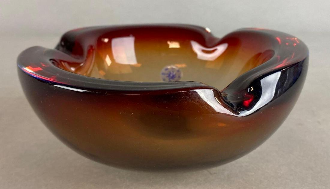 Murano Art Deco Red Glass Ashtray: With makers sticker, Measures 2 1/2 x 6 x 6in.