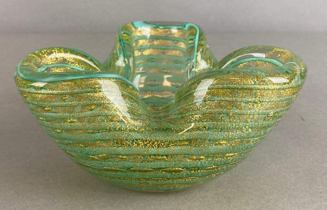 Green and Gold Swirl Art Glass Ashtray: Measures 2 3/4 x 5 1/2 x 5in.