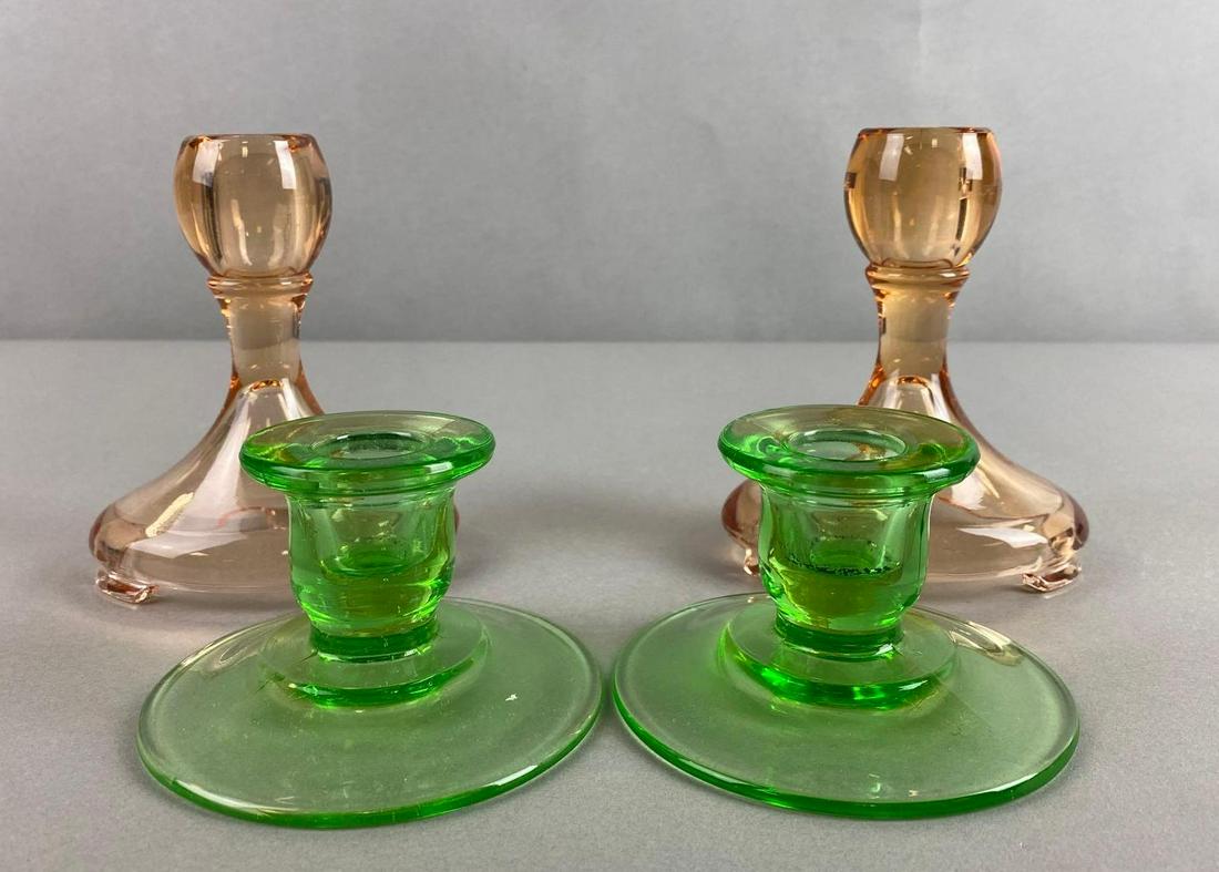 Group of 4 Glass Candleholders: Includes uranium and light amber, largest measures 5 X 4 1/4 X 3 1/4 inches