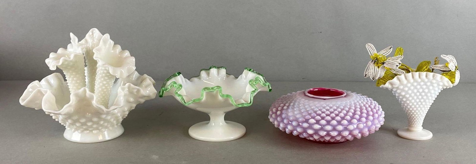 Group of 4 Glass Vases and More: Includes fan vase, hobknob bowl, Ruffle vases, abs flower vase, Largest measures 6 1/2 x 7 1/2 x 7 1/2in.