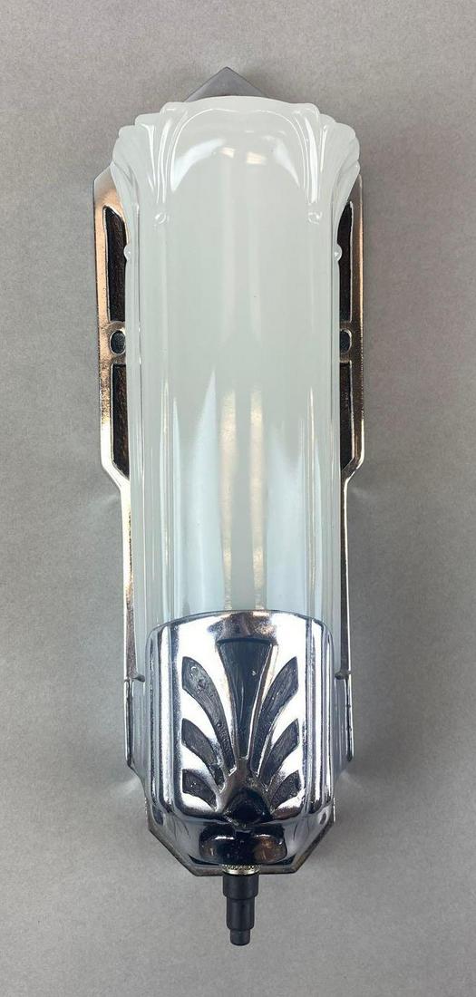 Art Deco Moe Bridges Wall Sconce: shade is glass, fixture is metal. Marked on back, untested, missing wiring. 10 x 3 1/2 x 2 1/2 inches