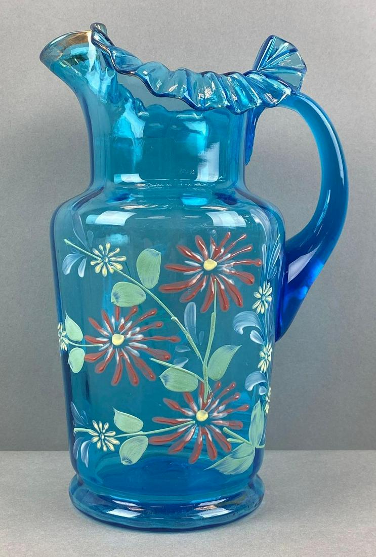 Hand Painted Blue Glass Pitcher (1 of 6)