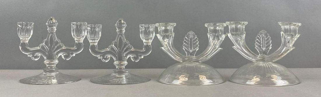 Group of 4 Etched Clear Glass Candlestick Holders: Largest measures 6 x 6 1/2 x 6 inches