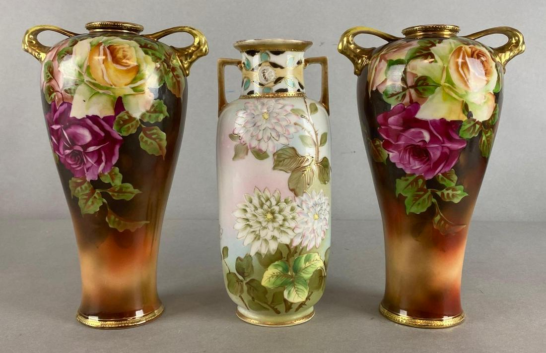 Group of 3 Hand Painted Nippon Floral Vases: Makers marks on base, Porcelain, Tallest measures 10 1/4 x 6 1/4 x 5in.