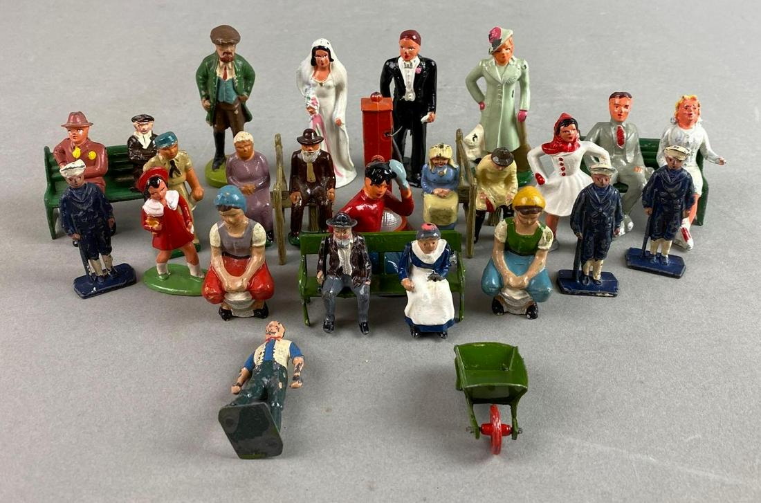 Group of Lead Figurines and Accessories: Paint chipped, crazing, some marked, largest measures 3 X 1 1/4 X 1 inches