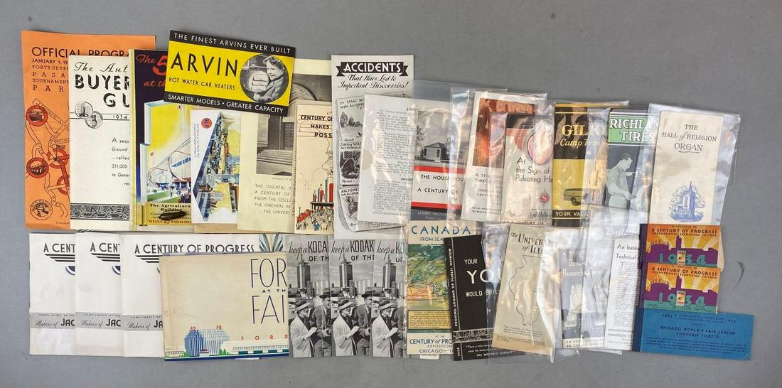 Group of 20+ Assorted A Century of Progress Ephemera and More: Includes Chicago 1934, Keep A Kodak Story of the Fair, university of Illinois, and more. Largest measures 6 x 6 1/2 inches. Includes one pickle pin.
